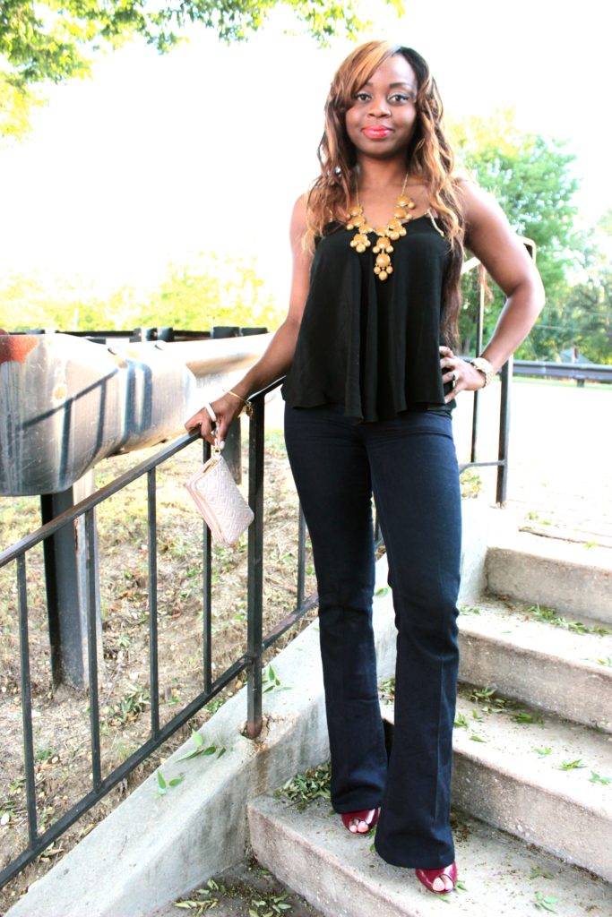 Black cami tank + flared jeans2