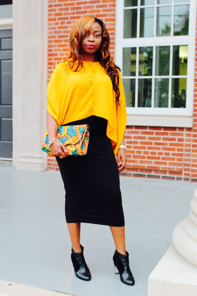 Mustard Cape Top + Black Midi Skirt