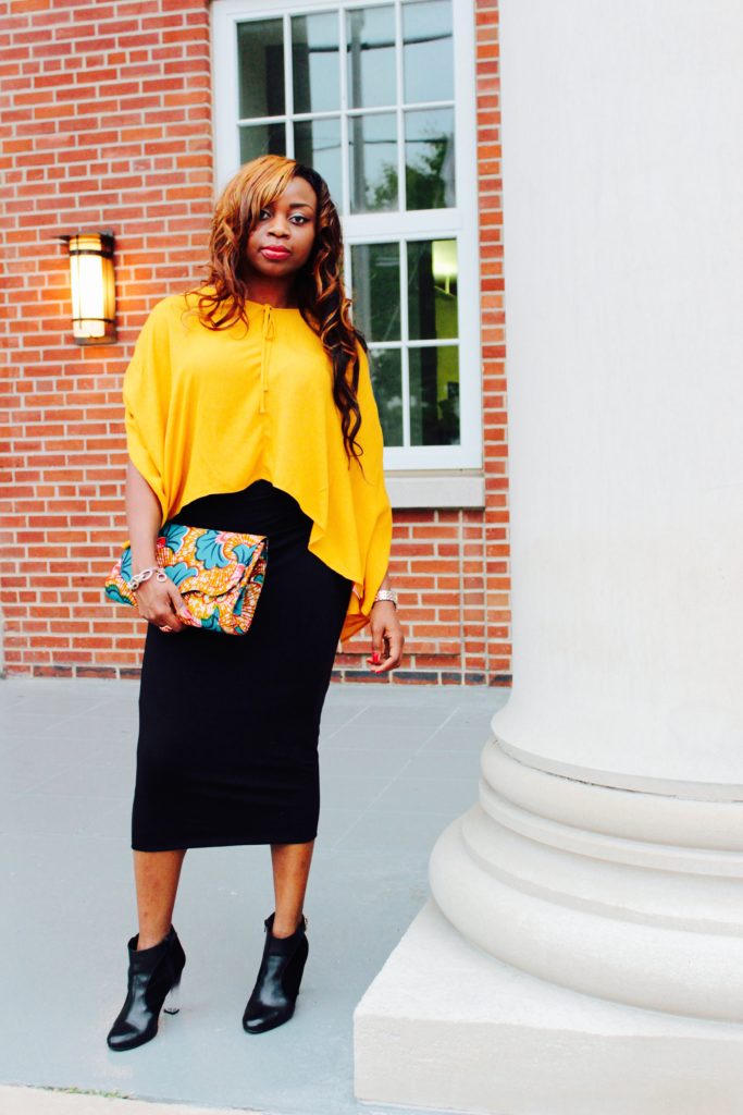 Mustard yellow cape top and black midi skirt2