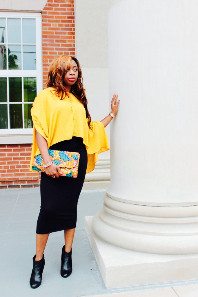 Mustard yellow cape top and black midi skirt3