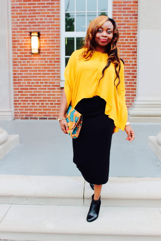 Mustard yellow cape top and black midi skirt4