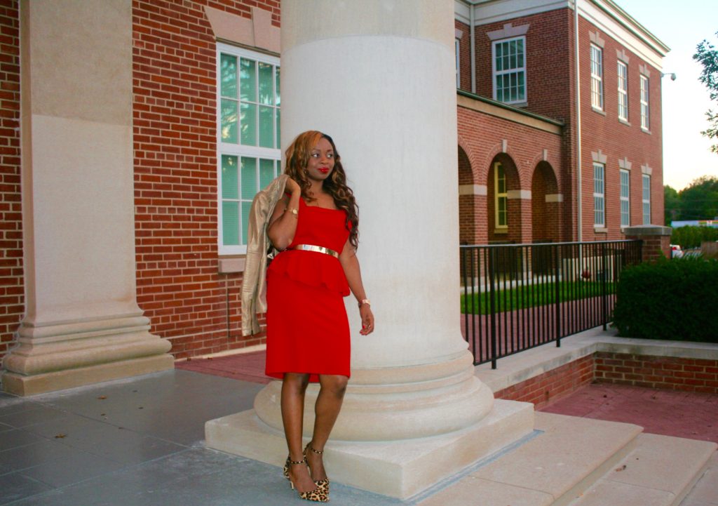 red peplum dress + animal prints + leather jacket