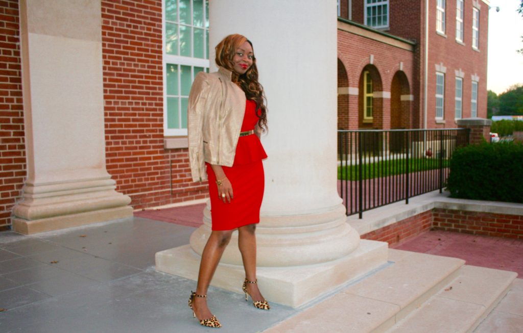 red peplum dress + animal prints + leather jacket2