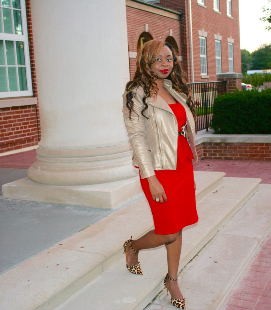 red peplum dress + animal prints + leather jacket3