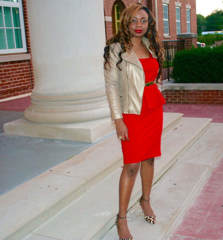 red peplum dress + animal prints + leather jacket4