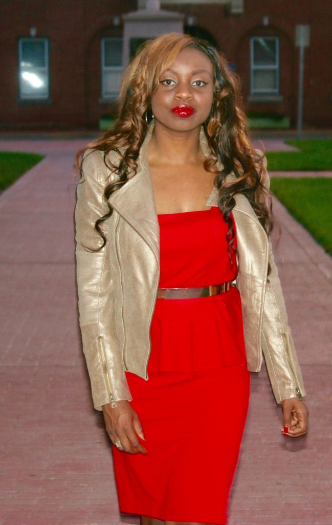 red peplum dress + animal prints + leather jacket5