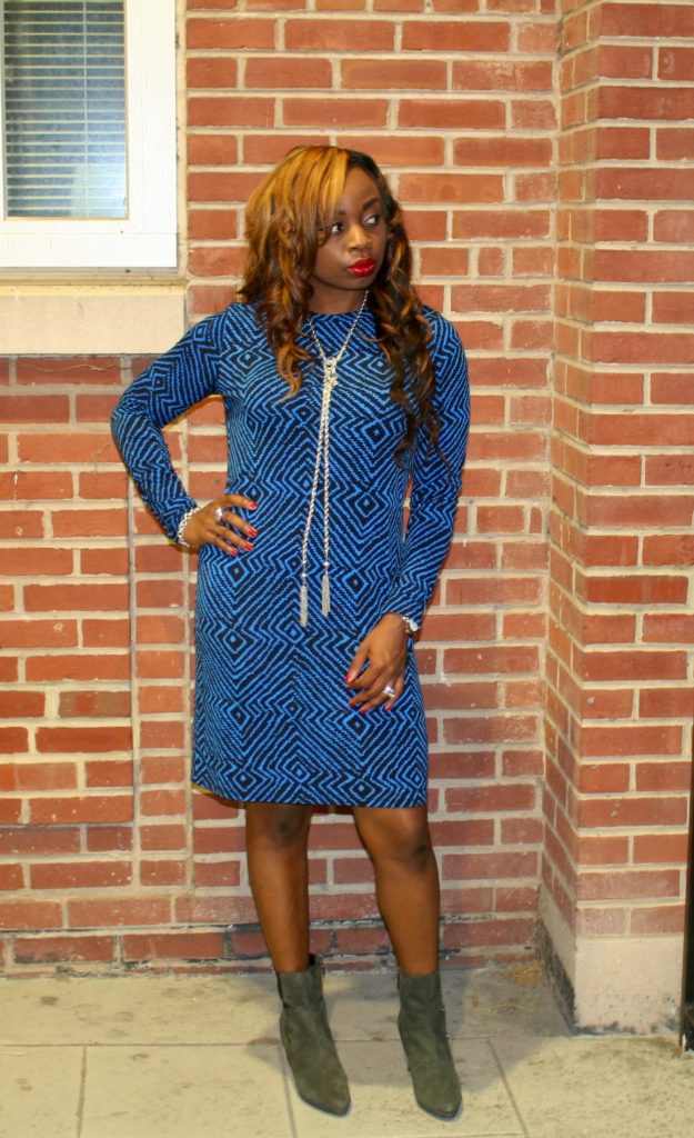 Bold Blue Print Shift Dress + Grey Ankle Boots 2