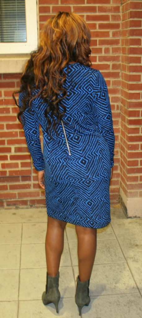 Bold Blue Print Shift Dress + Grey Ankle Boots