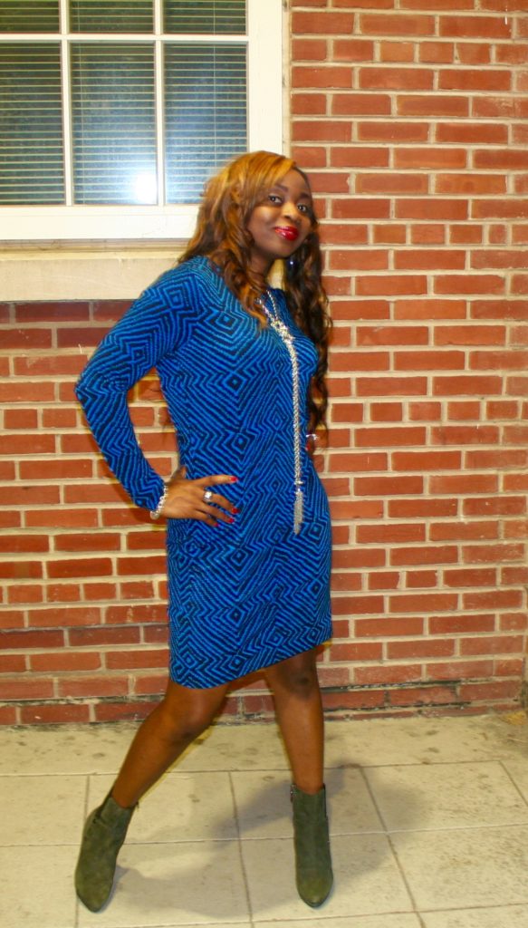 Bold Blue Shift Dress + Grey Ankle Boots