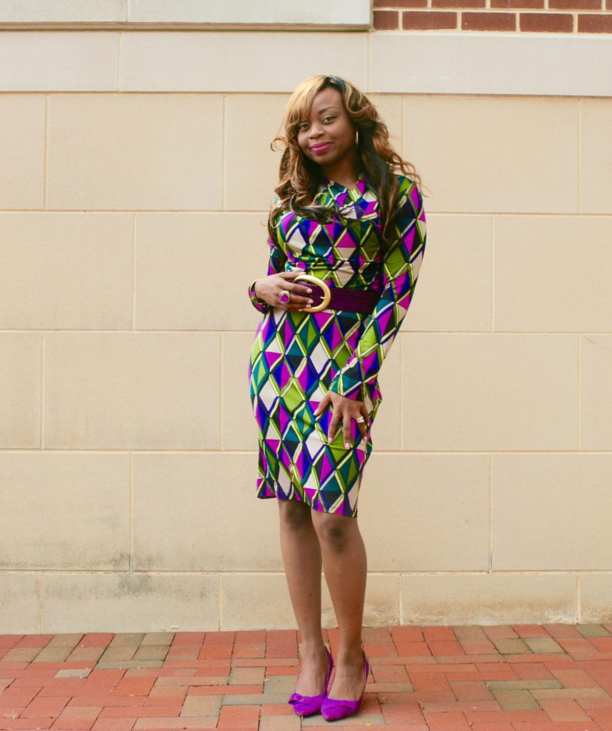 Long sleeve multi-colored purple dress