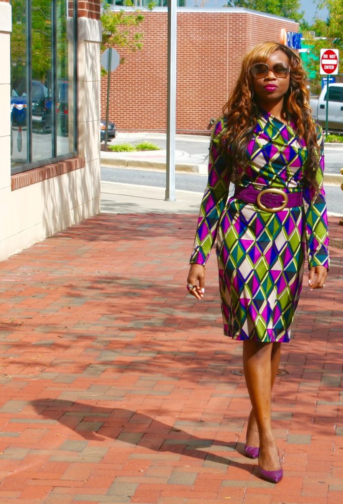 Long sleeve multi-colored purple dress