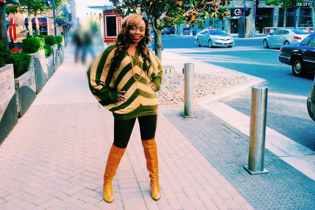 Oversized striped sweater and over the knee boots7