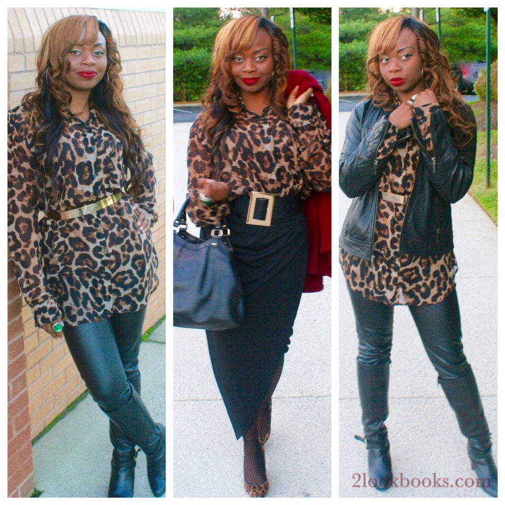 Animal print top plus black skirt and black leather pants