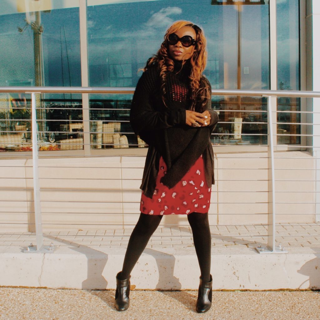 Red Print Dress with Black Cape