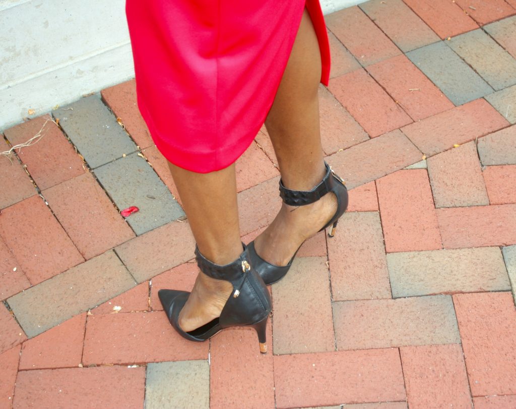 red skirt and black Guess Evanne shoes