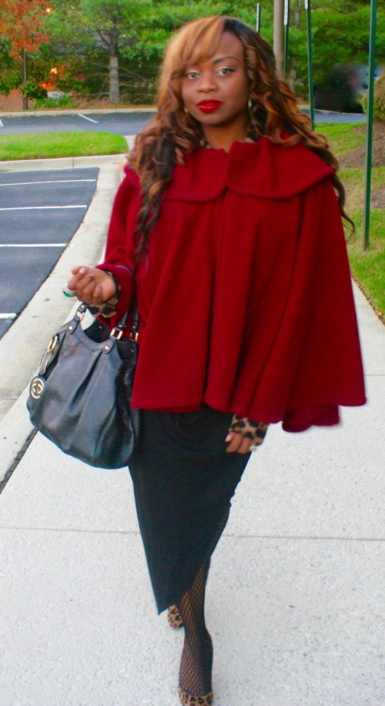 Black wrap skirt, Gucci Bag and Red Cape