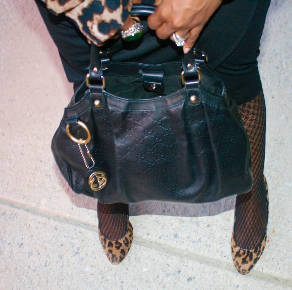 Gucci bag, animal print pumps