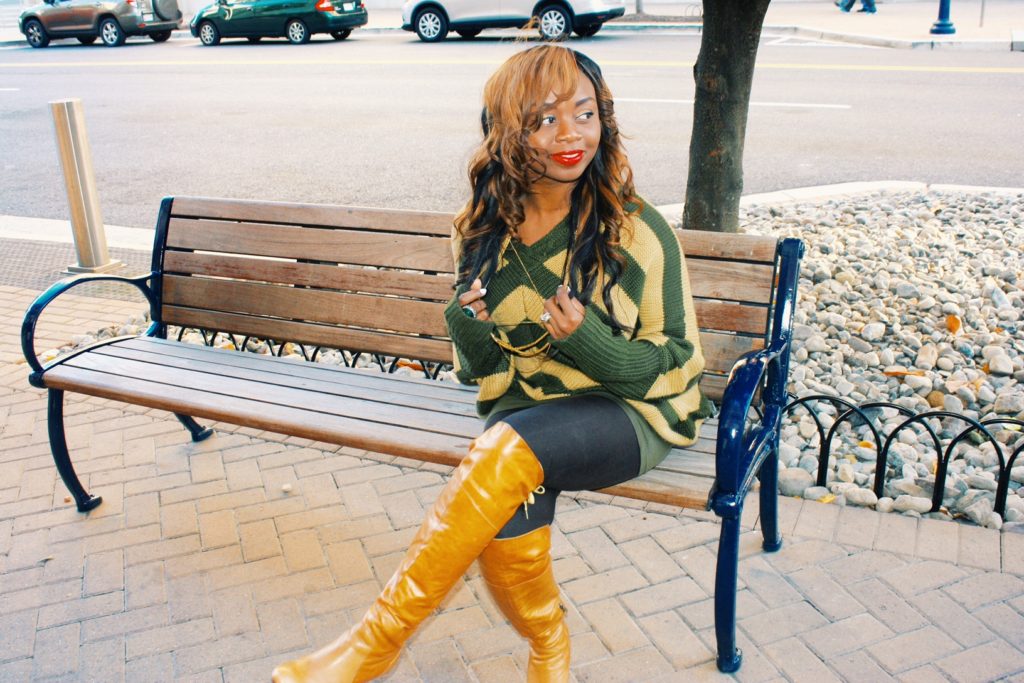 Oversized striped sweater and over the knee boots 