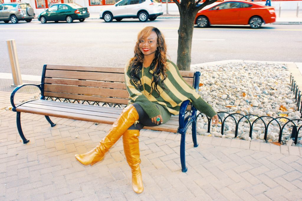 Oversized-stripedsweater-over the knee boots 