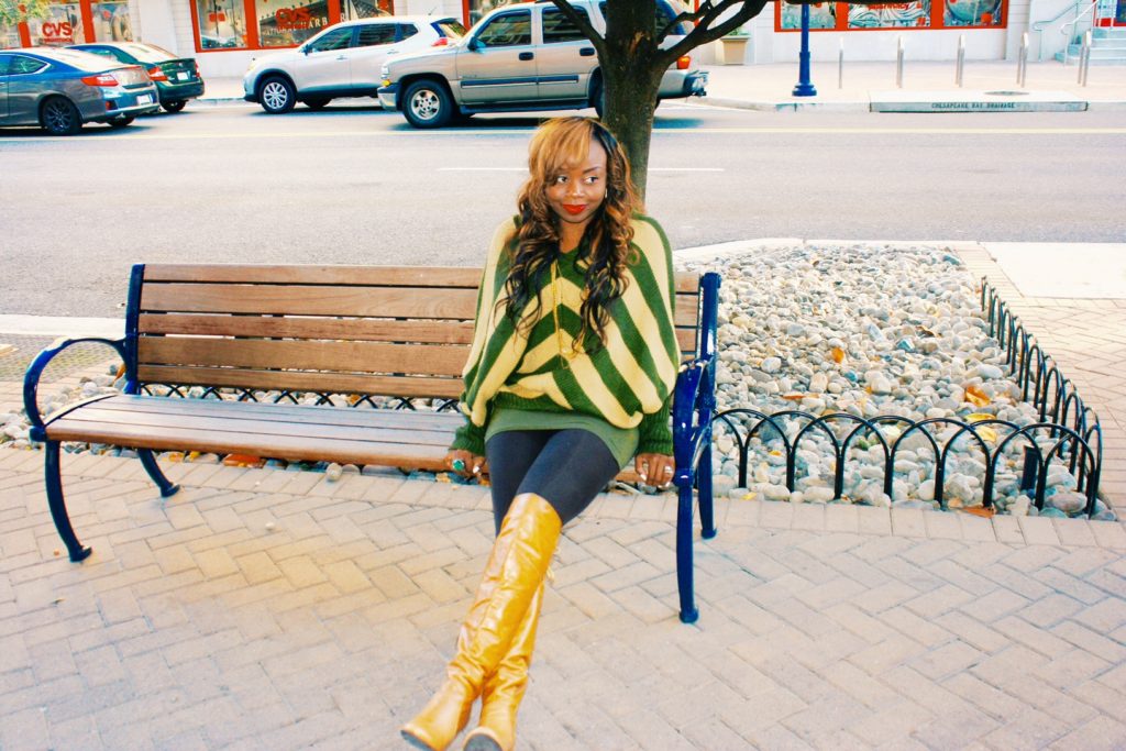 Oversized striped sweater and over the knee boots 3