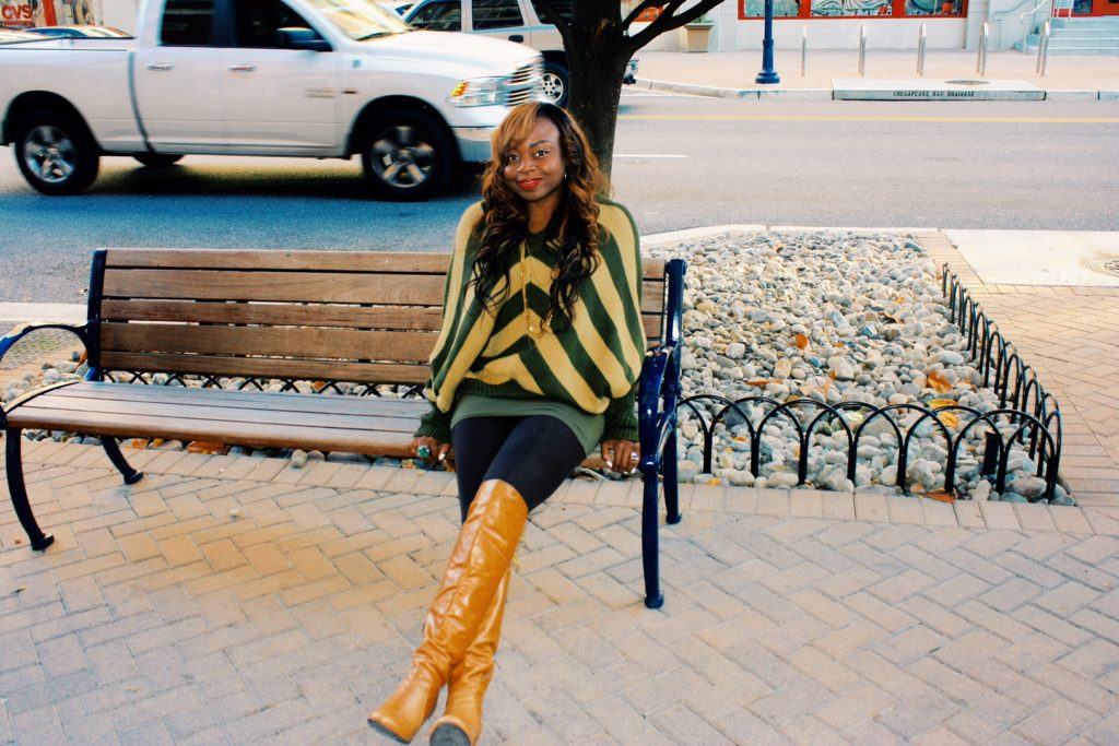 Oversized striped sweater and over the knee boots 5