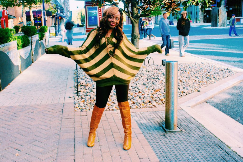 Oversized striped sweater and over the knee boots 6