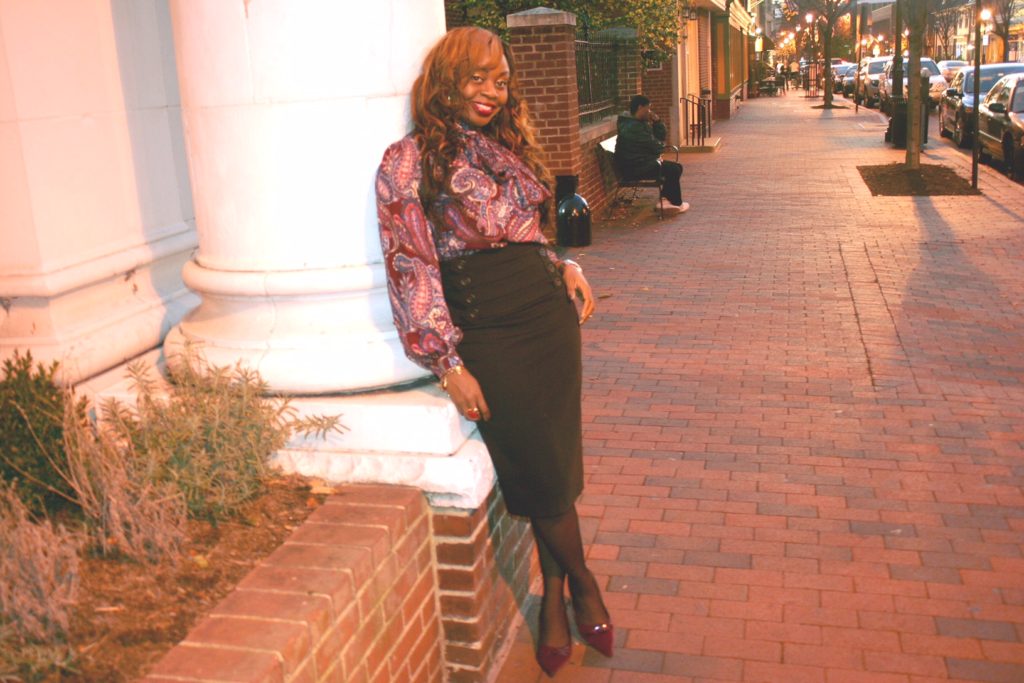 Pussybow blouse with high waisted skirt and burgundy shoes