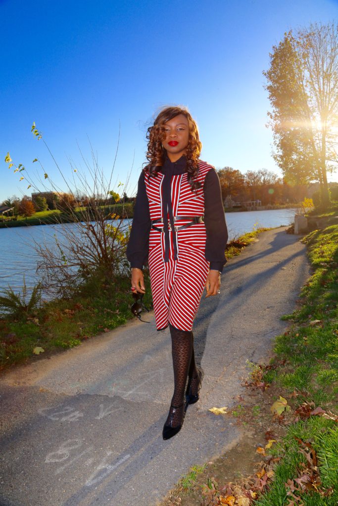 Striped Nine West Dress with Black Tie Neck Blouse