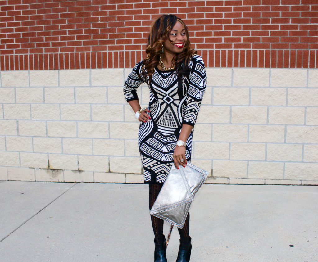 Black-print-sweaterdress-pewter-clutch-black-ankleboots