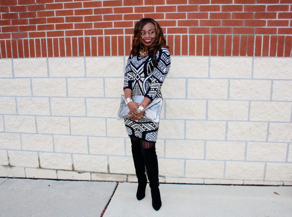 Print-sweaterdress-pewter-envelopeclutch