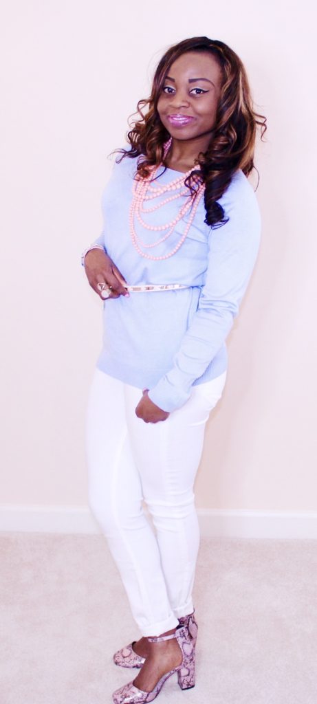 Blue-Sweater-White-Jeans-Pink-Accessories-Rose-Serenity