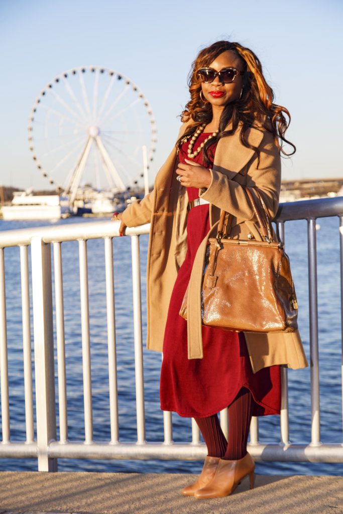 Lady-Tan Coat-Red Dress-Tan Boots-Rectangular Sunglasses