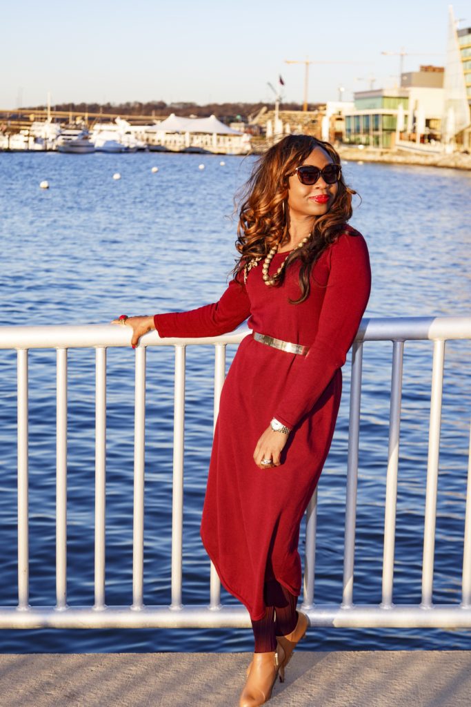 Red Dress-Rectangular sunglasses-Gold Belt-Tan Boots