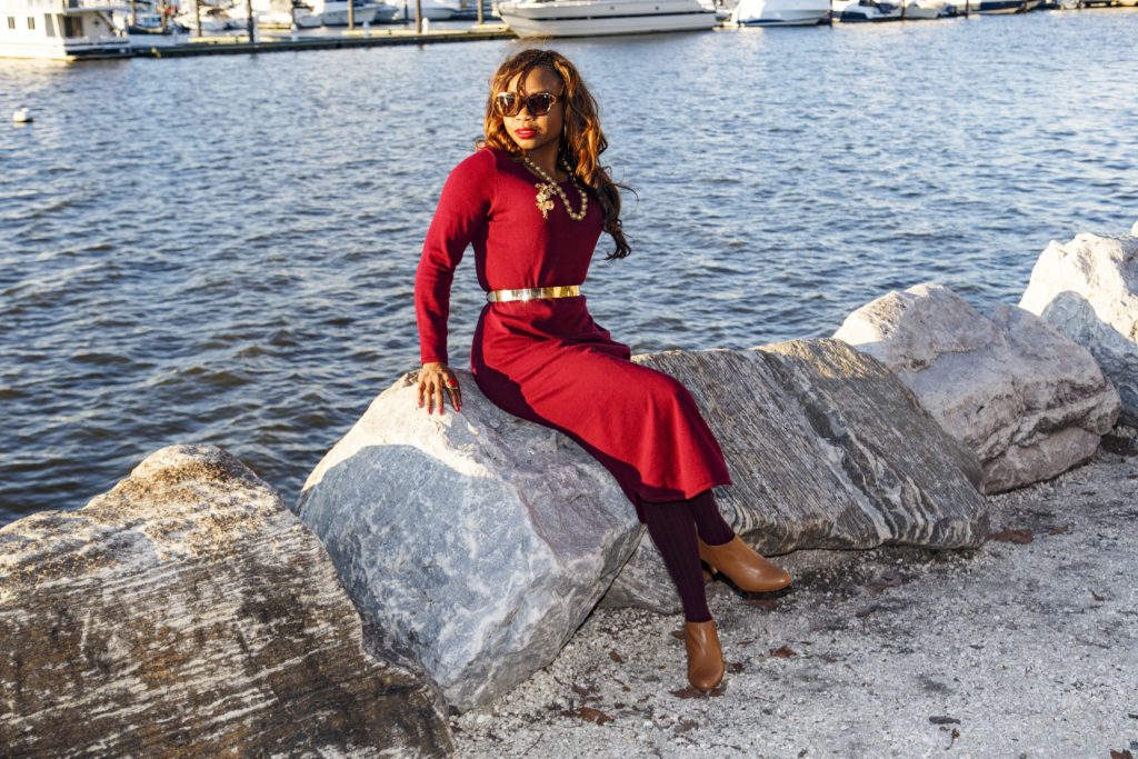 Red Sweater Dress-Tan Boots