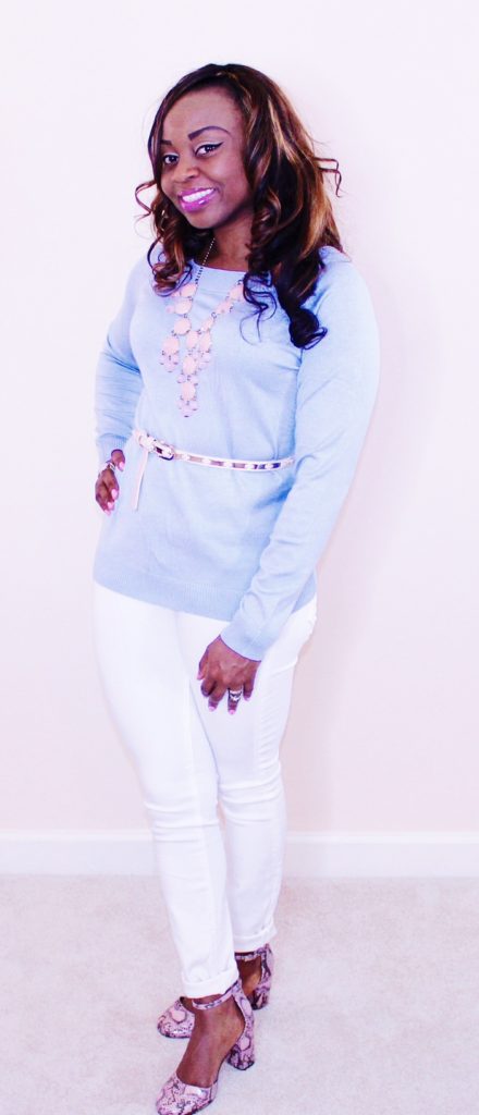 Serenity-Blue-Sweater-White-Jeans-Pink-Ankle-Strap-Pumps