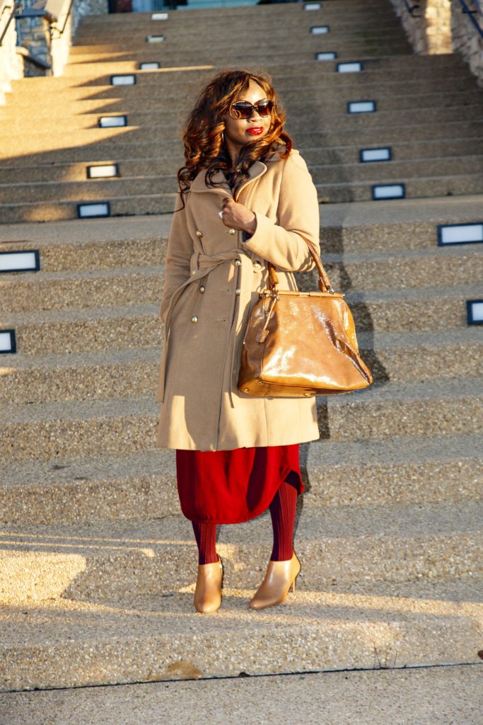 Tan Coat-Tan Boots-Red Dress-Tan Top Handle Bag