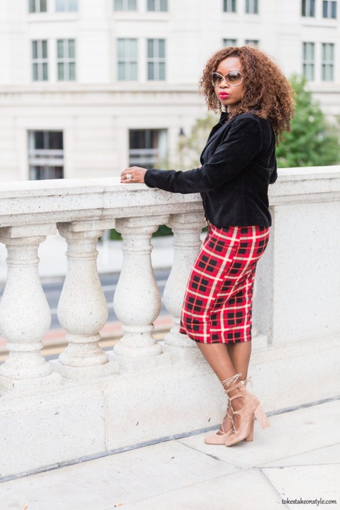 simple ways to style plaid for the office with a black velvet blazer 