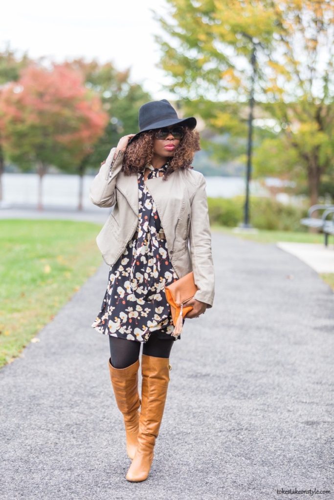 transition-your-summer-wardrobe-to-fall-woman-leather-jacket-floral-dress