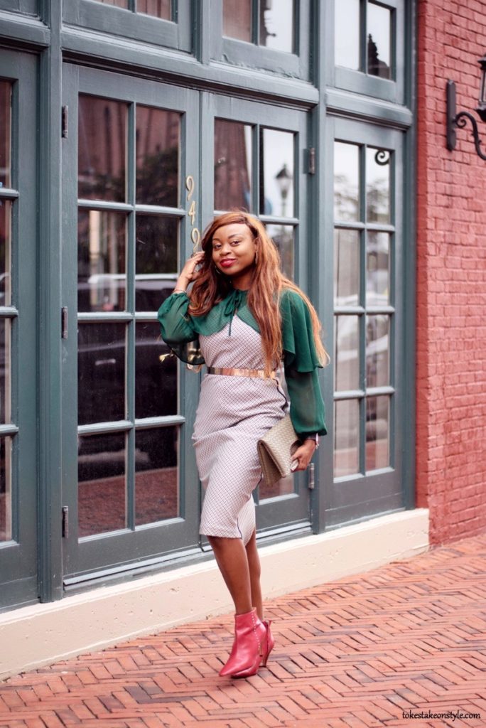 simple ways to style a plaid dress for work with red boots and a green cape blouse