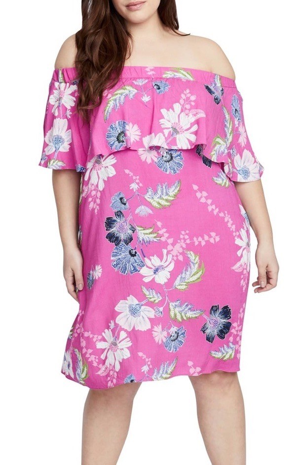 wearable-summer-2020-fashion-trends-neon-hot-pink-floral-print-nordstromrack-plus-size-off-shoulder-dress