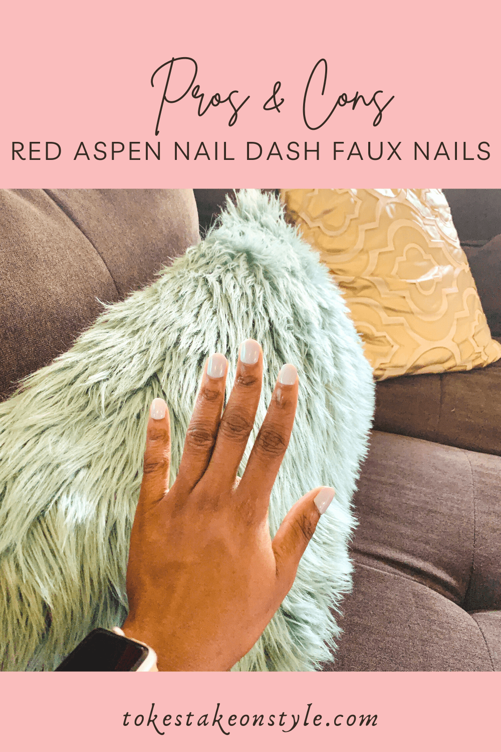 black woman's hands showing red aspen nail dash press on nails in a grey manicure